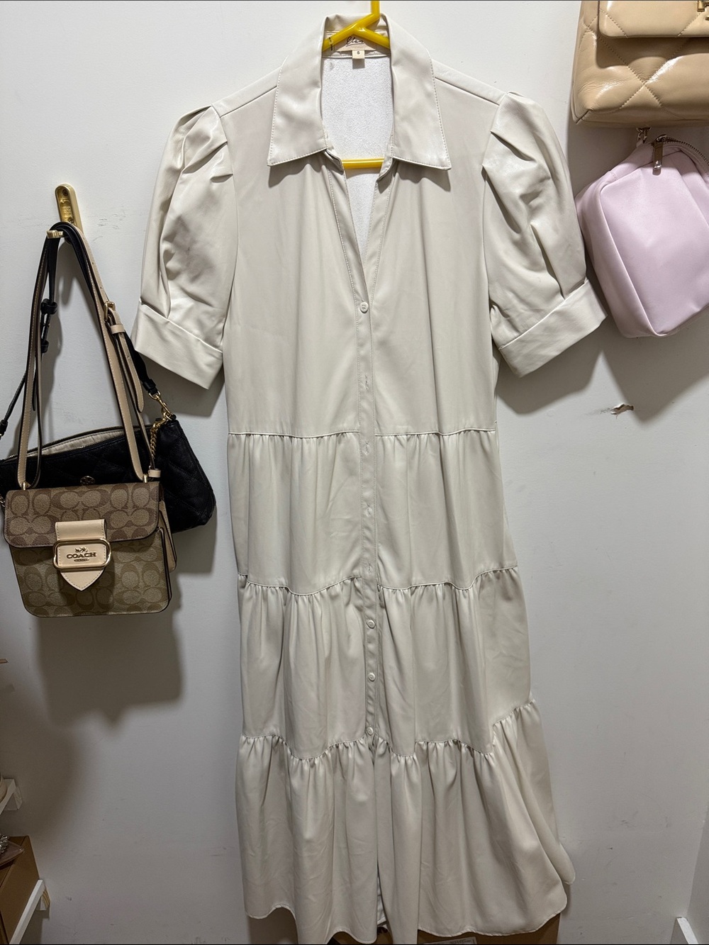 Elan Cream Tiered Button-Front Maxi Dress